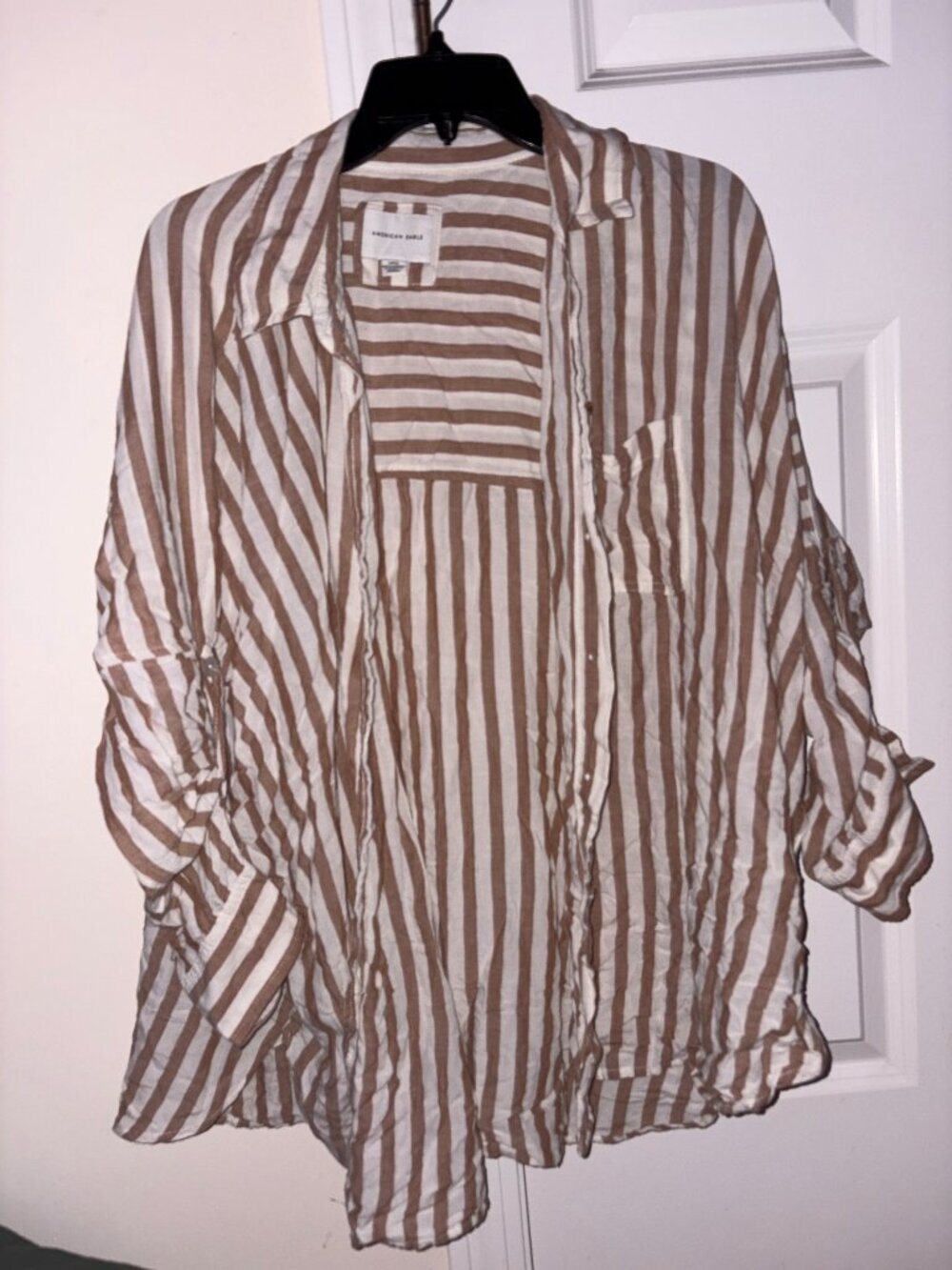 American Eagle button-up shirt, brown and white vertical stripes, women's SM